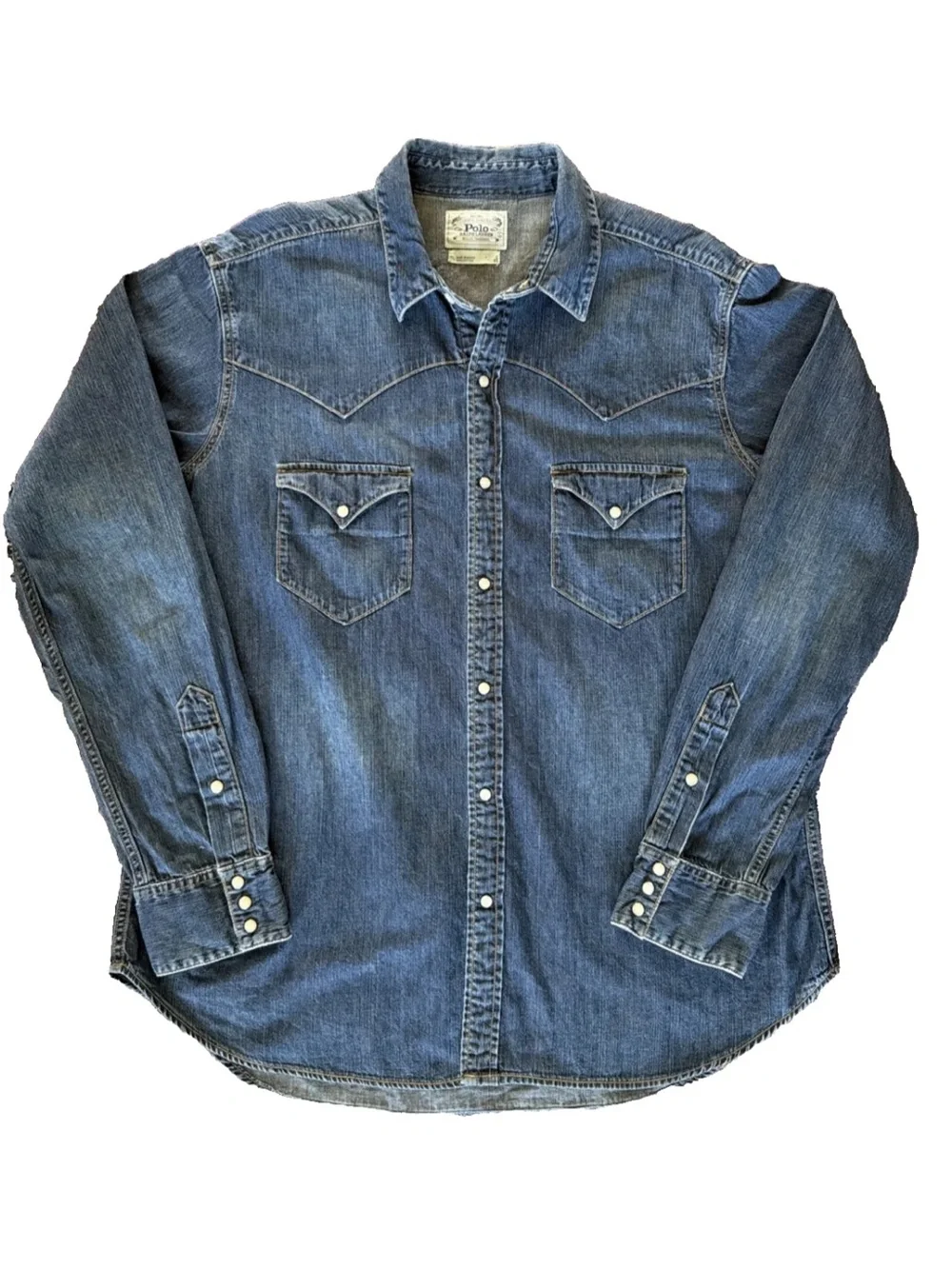Polo Ralph Lauren Authentic Dungarees Pearl Snap Western Denim Shirt Size LG 90s